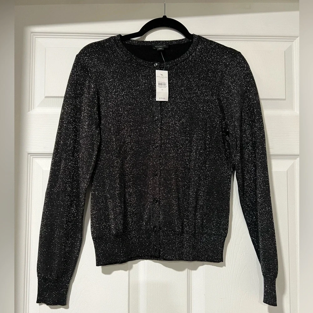 Ann Taylor Long Sleeve Button Up Cardigan Sweater Medium Black Metallic Sparkle - Picture 6 of 6